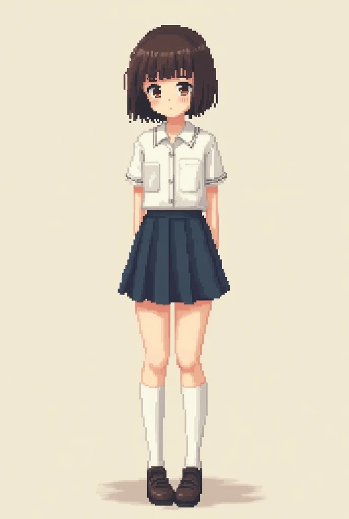 Draw a full body and facing forward a  girl with big thighs in a school uniform with a brunette and introverted short hair in pixel art style