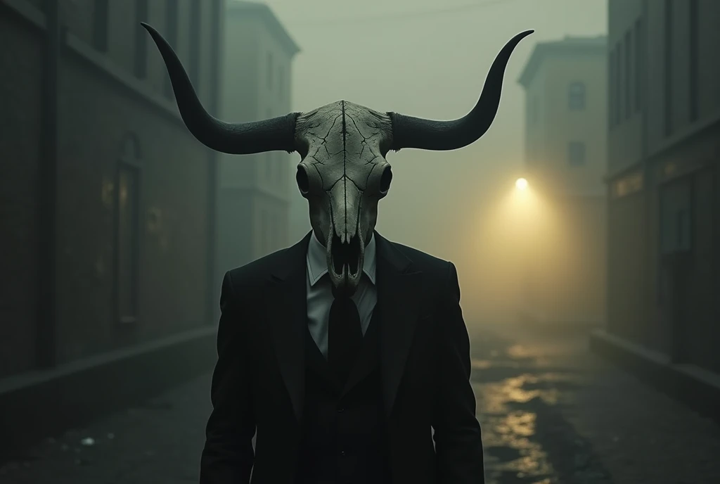 A man with a bull&#39;s skull instead of a head, with black suit, in a dark environment, with fog and a dim yellow spotlight in the background, the photo is taken from very far away, clearly showing the cracked skull