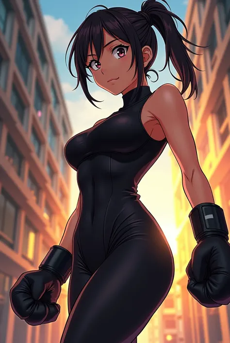 skinny girl in black tight jumpsuit with boxing gloves in anime