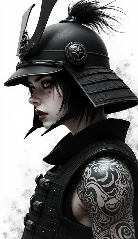 High details, high qualiy, Textured skin, simple background, illustration, digitl art, gothic art, Japanese Illustration Style, samurai helmet, mascara only, designer tattoo, black andwhite, ink