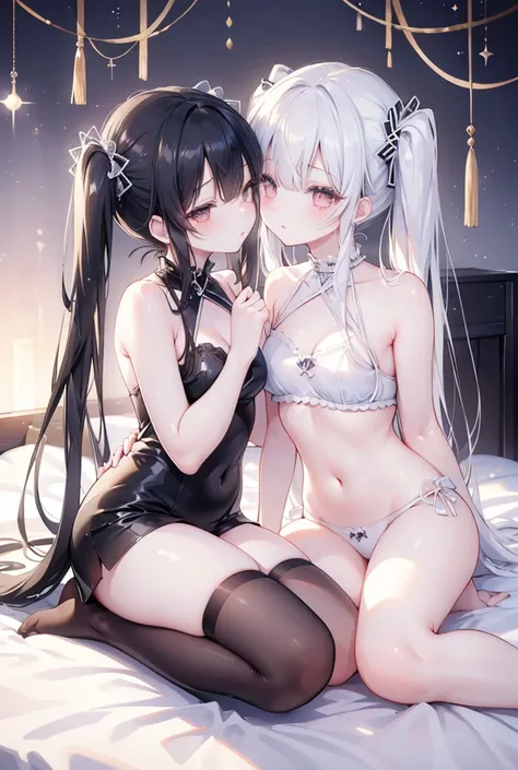 (Masterpiece)、Highest quality、Highest quality、High resolution、Two beautiful girls、One of them is a beautiful girl with black hair in twin tails and bangs.、The second person is a beautiful girl with medium-long white hair.、Close your eyes、to kiss、Shiny Hair...