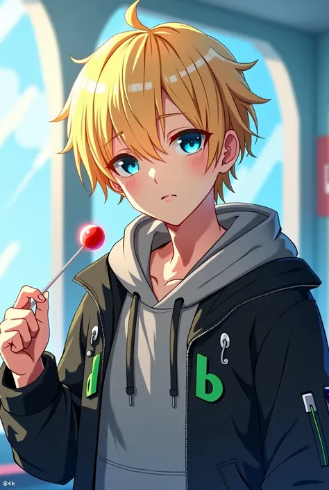 blond haired boy, Black casual jacket with green details., gray hoodie, holding a red lollipop, relaxed pose, listening to music, Bright interior environment with blue and white background., Youthful and lively atmosphere..blond hair, Details, blue eyes, a...