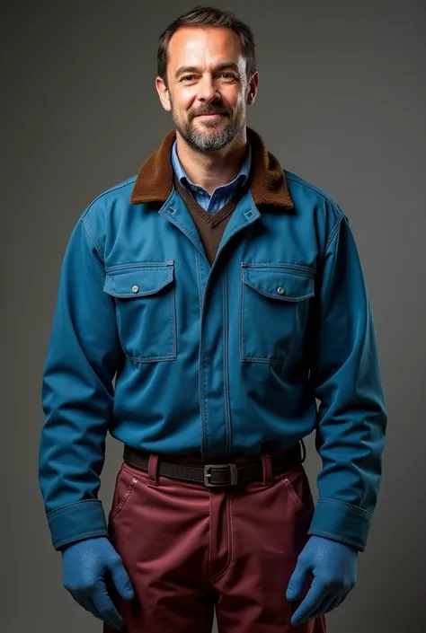 coverall: petroleum blue 
Chaleco: Dark Brown Trousers: Burgundy Waistband: Dark Brown Gloves: petroleum blue