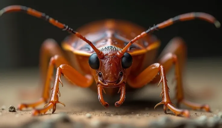 Big realistic cockroach in close up, with long antennae and focusing their worried eyes