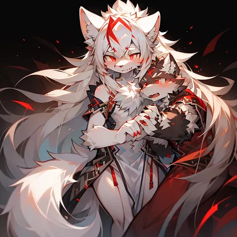 alone person, single, male, white wolf, white long hair, furr, white ears fluffy, red eyes, eyesbrown white, masterpiece, high resolution, high quality, details, right hand holding the head, growled, sensitive, easy get angry. 