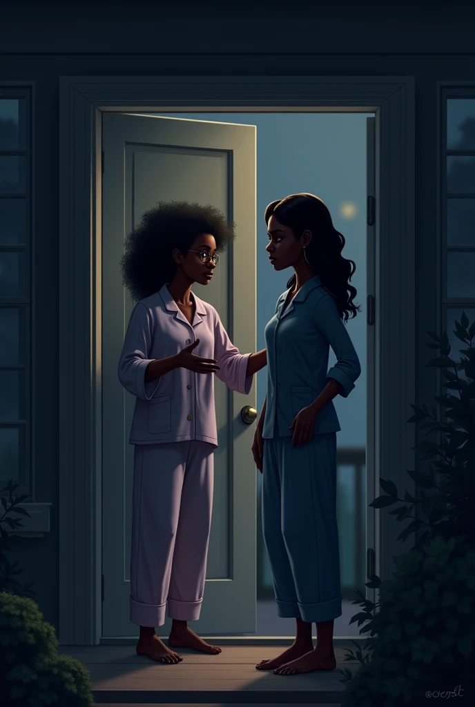 Generate an image of a  black lady in pajamas opening the door for a black lady with sad face in a night setting 