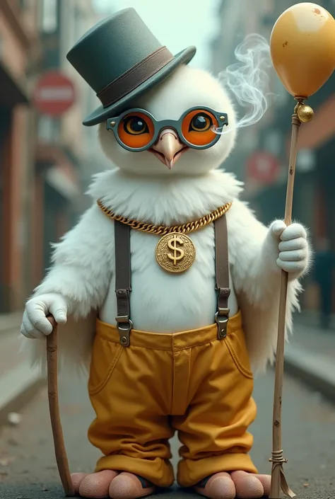 Young white dove with clown hat, huge clown pants with suspenders, gray glasses with orange lenses and a thick gold necklace with a money coin pendant, holding a very large balloon staff and smoking a big pot 
