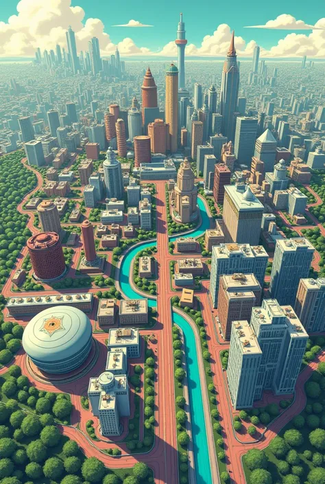 City divided into industrial area, residential, airport and laboratory divided into organized areas and seen from above and with colorful drawing style 