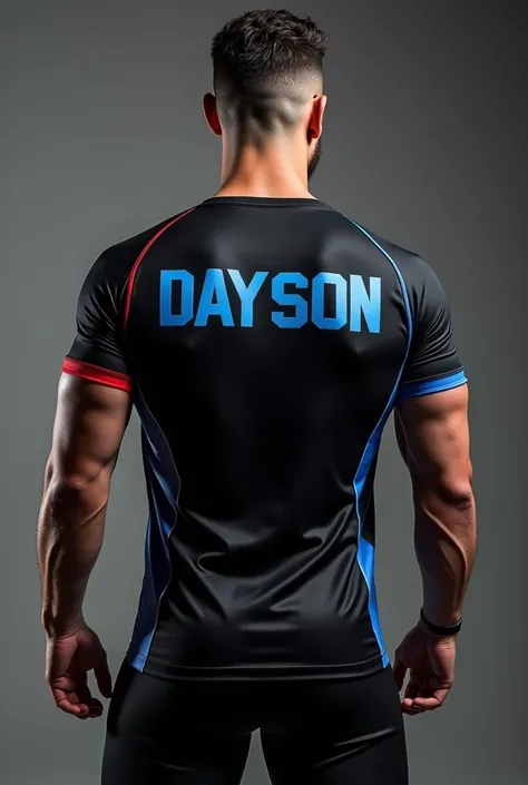 Create me a custom black training shirt.
With blue and red details.
Show the front and back of the shirt, with the name Dayson on the back.