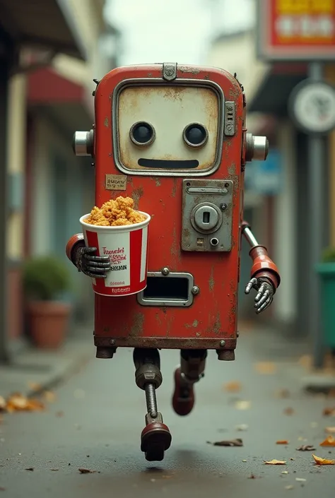 A vending machine has two arms and two legs , robot ,Antique ，Kentucky Fried Chicken，Running away with chicken