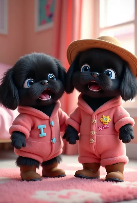 2 Adorable black Shih Tzu puppies with bright blue eyes Cute TikTok Pajamas Standing in the bedroom wearing TikTok cowboy boots and cowboy hat. Fluffy puppy Pajamas with I love you logo TikTok logo in background excited smiling playful 3D Pixar Style