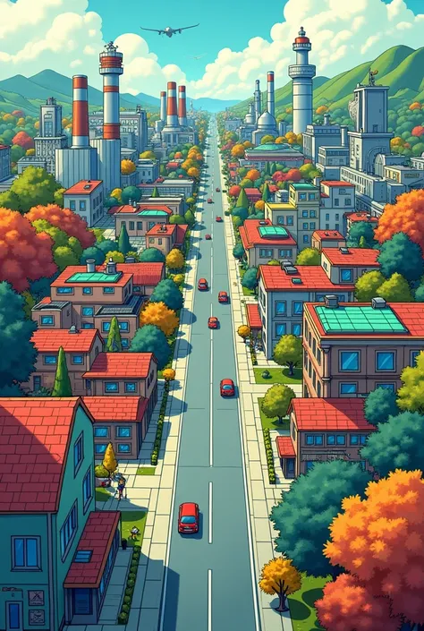 City divided into industrial area, residential, airport and laboratory divided into organized areas and seen from above and with colorful cartoon drawing style 