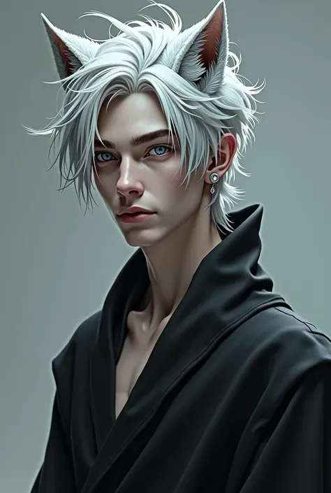 A young man of 20 years old with white hair and wolf ears and silver eyes wearing a black robe with an earring in his right ear
