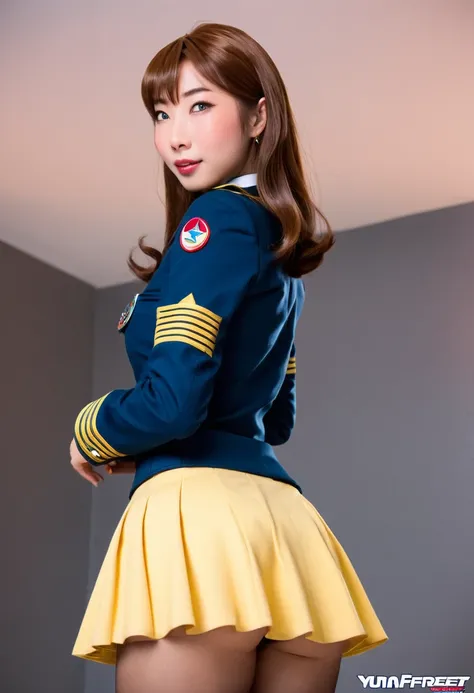 A lovely woman (Yuna, cute, sexy star fleet miniskirt uniform (1960s style)), shot from a low angle and behind sneaking a panty peek, she is going about her duties on the enterprise
