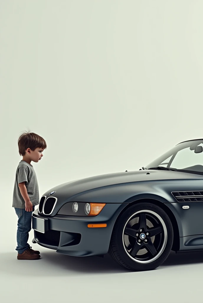 A boy next to a white BMW E46 with black rims on the front profile 