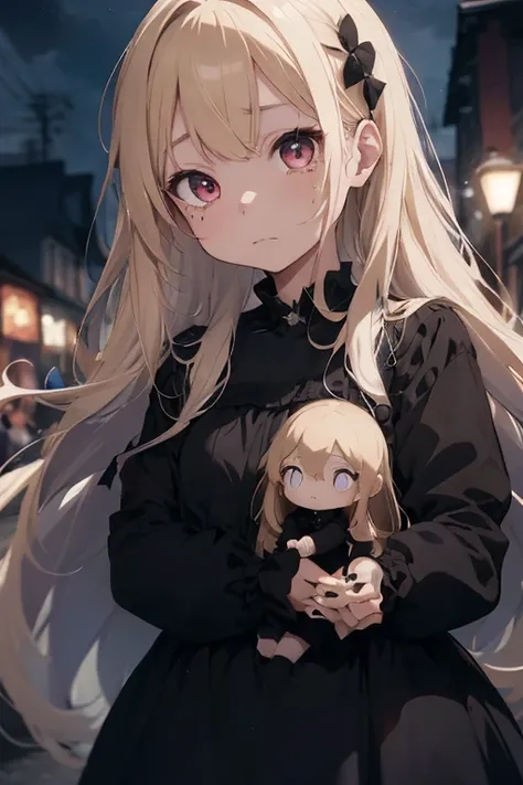 1 female, as a child, black long sleeve dress, blonde long hair, rosa cheeks, younger body, doll store, sad face, girl, black flowers, sad dark sky, black nails, tears in her face, sadness