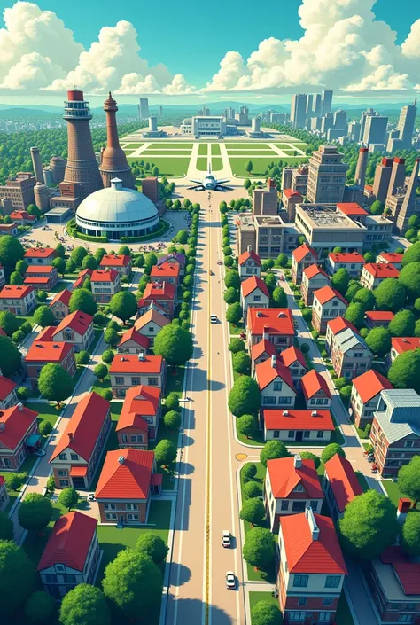 City divided into industrial area, residential, airport and laboratory divided into organized areas and seen from above and with colorful cartoon drawing style 