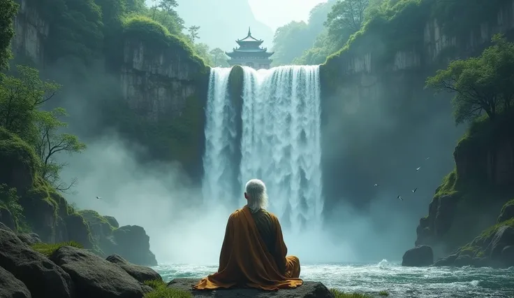 standing backwards, the wise man is sitting at the base of a huge waterfall, the water falling heavily on the rocks beside you. His short hair and white beard reflect the soft light passing through the mist of the waterfall.. From a distance, the top of an...