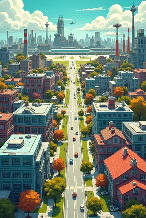 City divided into industrial area, residential, airport and laboratory divided into organized areas and seen from above and with colorful cartoon drawing style 