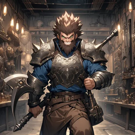 solo, high qualiy, High details, shorth hair, spiky hair, chestnut hair,Barba, crazy grin, reflective painting, 

A dwarf warrior wearing a full plate of dark gray metal, the breastplate covers the entire torso and shoulders., with a short black beard and ...