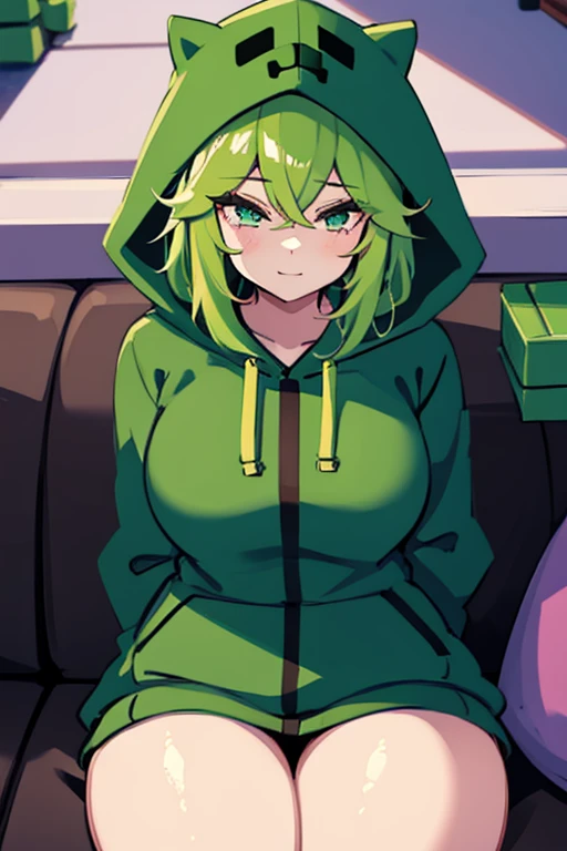 Girl in green minecraft creeper hoodie sits Posing on a couch while being half naked 