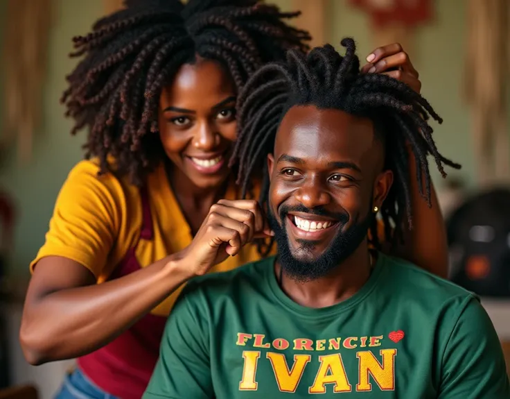 Une très belle femme afro souriante  entrain de faire des coiffer les rasta sur la tête d’un homme 
Dont on  peut voir le mot Florence sur son t-shirt 
Et aussi le mot Ivan sur le t-shirt de l’homme 