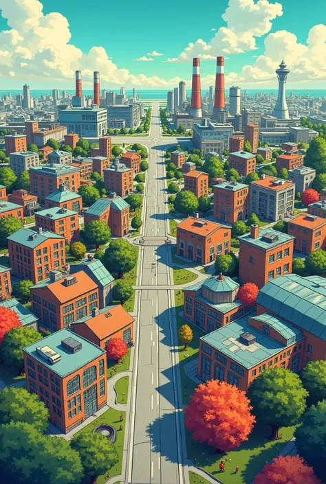 City divided into industrial area, residential, airport and laboratory divided into organized areas and seen from above and with colorful cartoon drawing style 