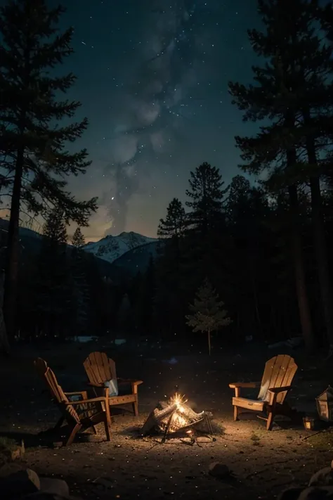 A serene and cozy night camping scene deep in a forest, under a clear, starry sky. A classic blue Volkswagen camper van is parked near a crackling campfire, casting soft, flickering shadows across the rocky ground. Warm, orange light spills from the van’s ...