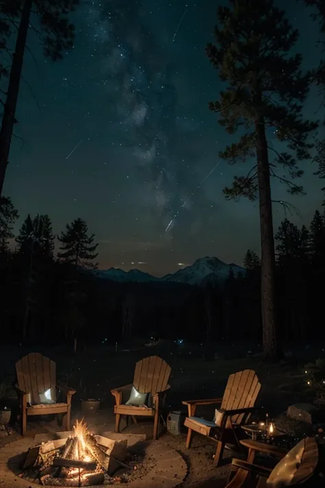 A serene and cozy night camping scene deep in a forest, under a clear, starry sky. A classic blue Volkswagen camper van is parked near a crackling campfire, casting soft, flickering shadows across the rocky ground. Warm, orange light spills from the van’s ...