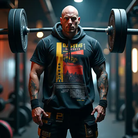 A very tall, burly man is in a modern gym lifting weights (strengthening his legs) he has the weight bar behind his neck, emaciated, very tall, bodybuilder and with a shaved head, handsome bodybuilder, very tall, very muscular, skin White, pale skin with a...