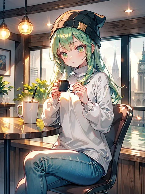 One girl, alone, coffee shop, Green Hair, Beanie, sweater, jeans, Sitting in a chair, Dynamic pose, indoor, 