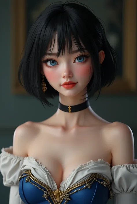 (photorealism:1.2), woman extremely sexy modern version of snow white , short straight black hair,  extremely pale skin , naive and faithful, full detailed movie outfit , detailed beautiful face and skin, sexy lips and femenine elegant nose, deep blue eyes...