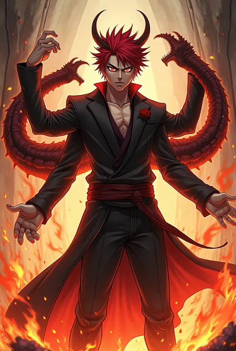 red haired man, with four arms, controlling fire, stark, serious look, with demon slayer drawing style, with four eyes, with an imposing dragon around it