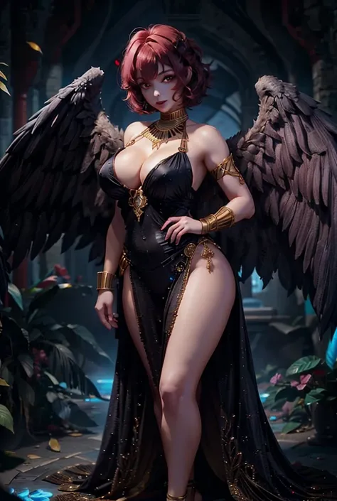 1girl, Solo, High Resolution, Short Hair, Jewelry,Pink Eyes, dark red hair, Egyptian dress, black clothes, big breasts, blue skin, wings, blue wings, blue lips