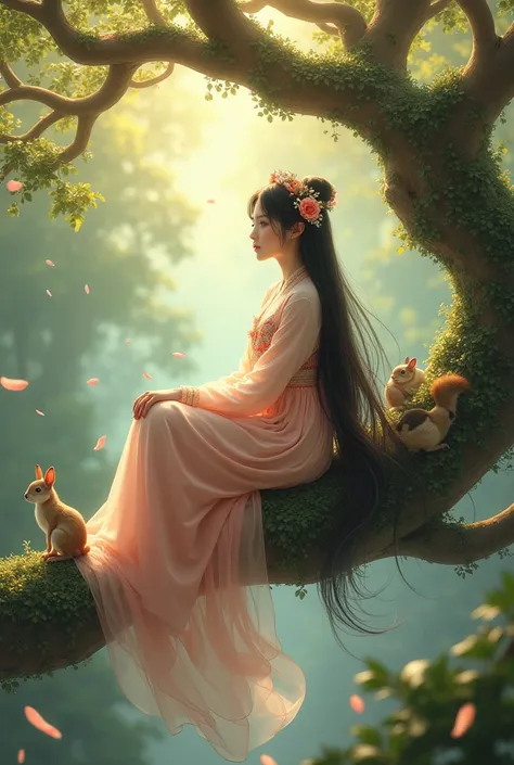 Beautiful Korean fairy on a tree branch playing with forest animals 