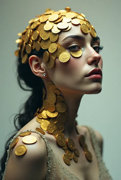 A woman with a head full of coins 