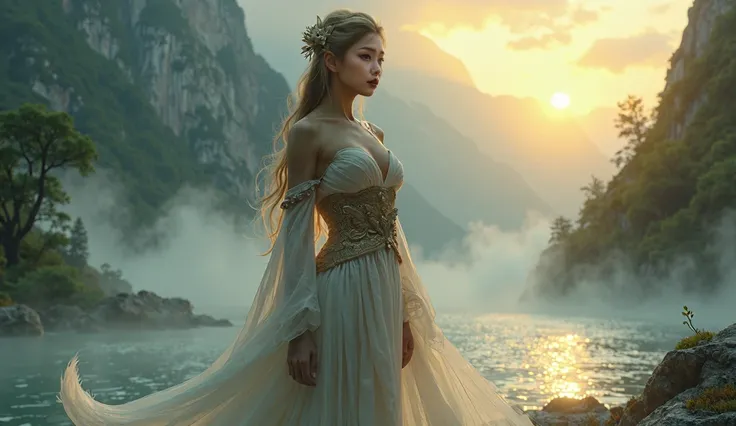 The mist rises from the river, adding a magical aura around her. Her expression is calm yet powerful, embodying both the beauty of a human and the strength of a dragon. The scene is set against a backdrop of towering mountains and lush greenery, with the s...