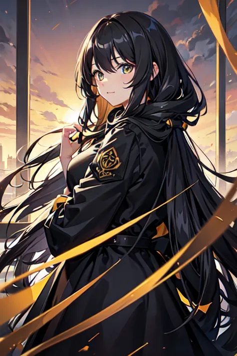 long hair down to the back, black winter coat, warm smile, yellow eyes, masterpiece, 4k, digital art