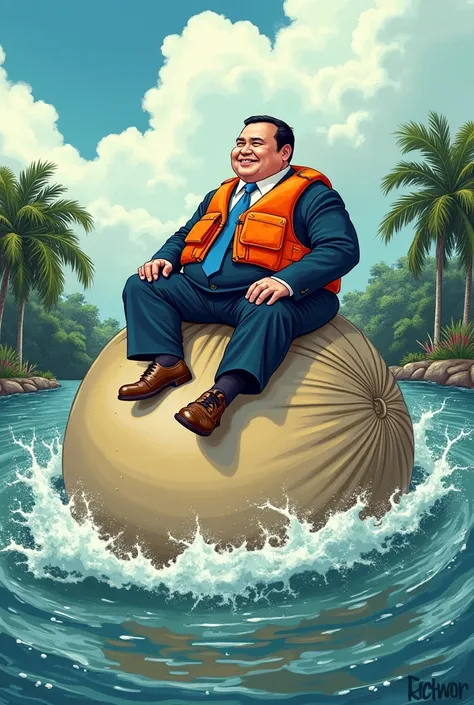 Editorial Cartoon filipino fat man in a suit and life vest sitting on floating very very mega large sack in strong flood water current happy bottom view