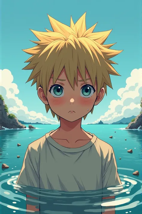 A japanese boy, naruto art style, sad face, in sea