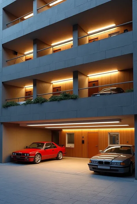 Horizontal parking for 10 cars ,underground in a hostel , with a reception in the parking lot and on the second floor there are 10 rooms and on the third floor there are 10 rooms , garage floor is stone