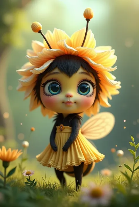 Create a character that contains a little bee wearing a cute dress, and a flower above the ear has blue eyes 