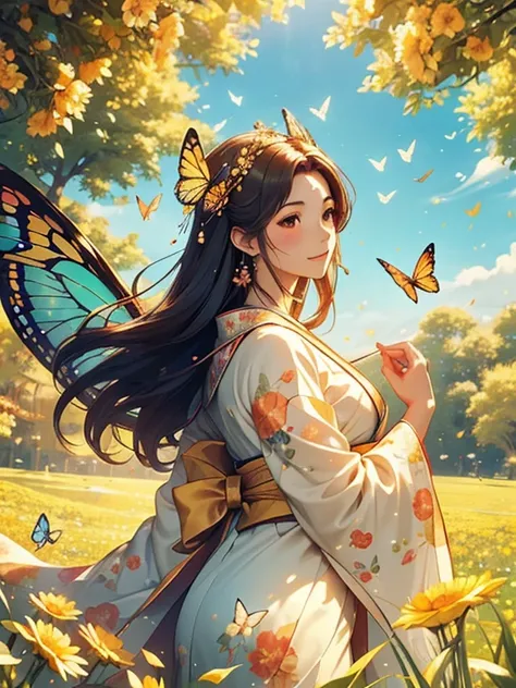 In a vast, sunlit meadow, a graceful Yamato Nadeshiko woman stands serenely, dressed in a flowing, delicate kimono with soft floral patterns. Her poised figure contrasts beautifully with the natural surroundings as gentle breezes sway the tall grass. Aroun...