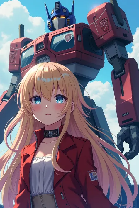 Mecha Robot and girl, masterpiece,blonde hair,pink hair, blue eyes, multicolored hair, RikaKawaiR4,red jacket,choker anime WEP, Wonder Egg Priority Optimus prime and Rika Kawai 