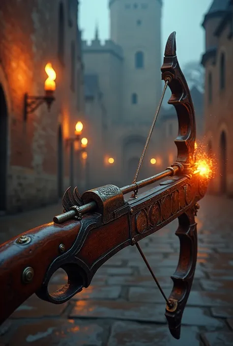 Create a crossbow with a medieval design with arrows that leave a trail of fire when launched 