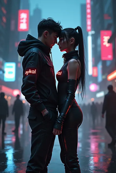 cyberpunk girl  and boy wear outfit " AYKAL " text on the front stand romantic at dark city 