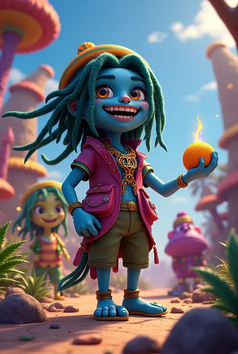 Create a 3D Disney Pixar art style of the cartoon world of hunter x hunter, but rastafarian where exotic cannabis strains are like gum gum fruit. create a colorful vivid background. The main characters are exotic weed strains with dreadlocks and gold teeth...