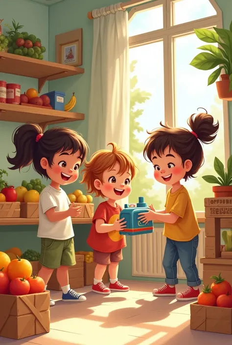 Simple drawing of children playing grocery store with fruit and cash register