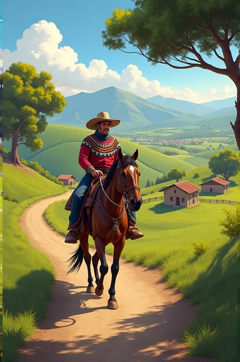 draw a Chilean huaso riding a horse along a path