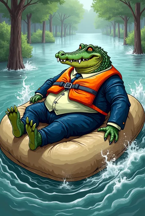 Editorial Cartoon very happy and aggressive fat crocodile in a suit and life vest sitting on floating wide sack in strong flood water current bottom view 3/4 perspective close up view 